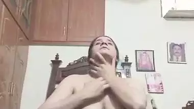 Long hair wife shows naked body curves in shyness